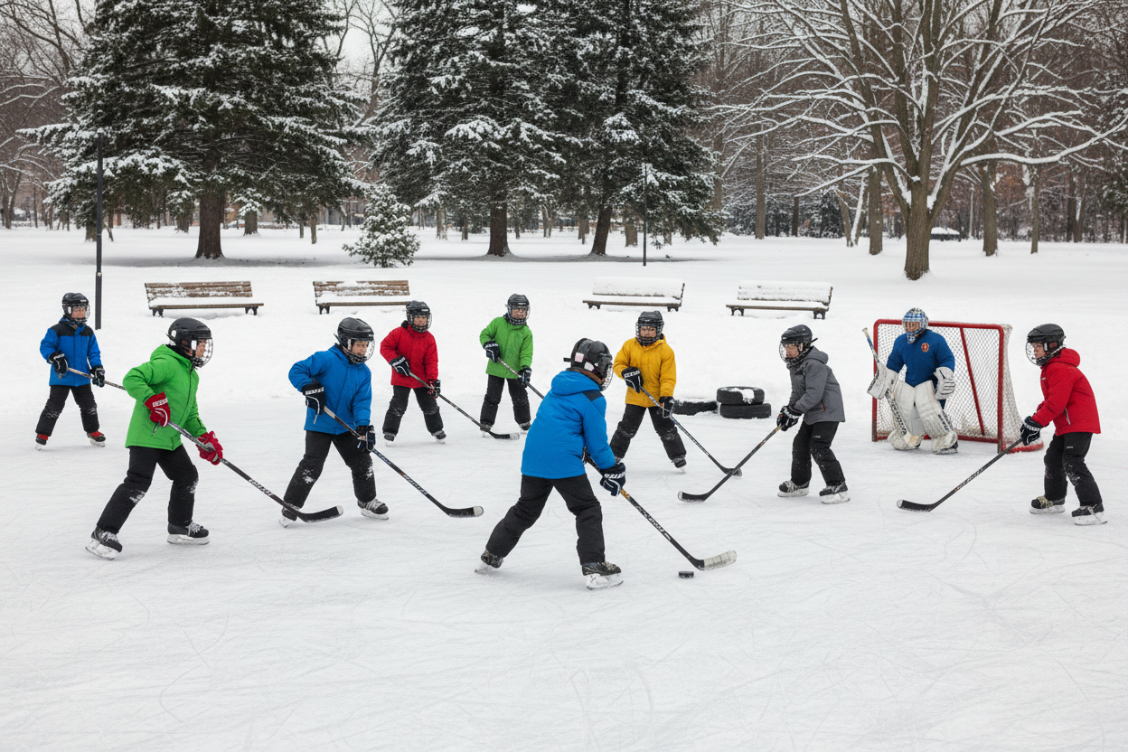 Kids playing hockey at an outdoor rink
