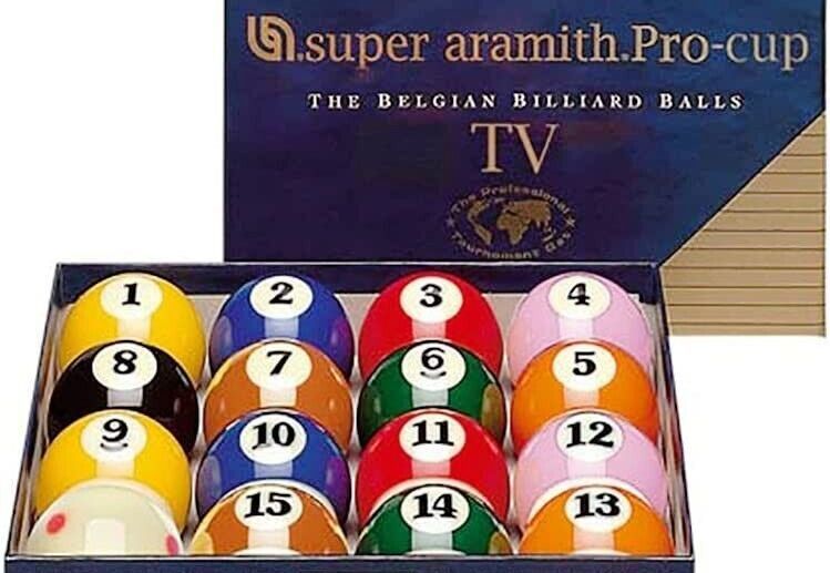 A boxed set of 14 billiard balls with a branded display card behind them. The balls are numbered 1 through 14 in multiple colors, and the packaging reads 'super aramith.