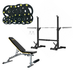 Squat Rack, Bench, Barbell & Weight Plates Stack